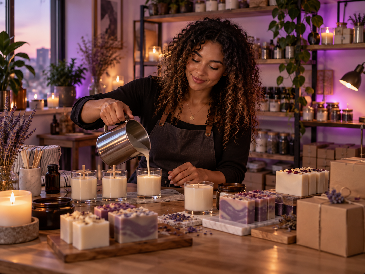 Creator working in a small candle studio