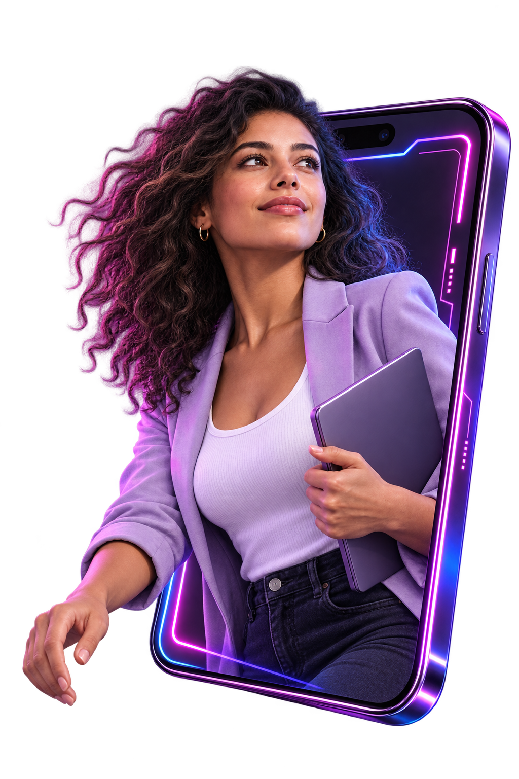 Independent creator stepping forward from a smartphone frame