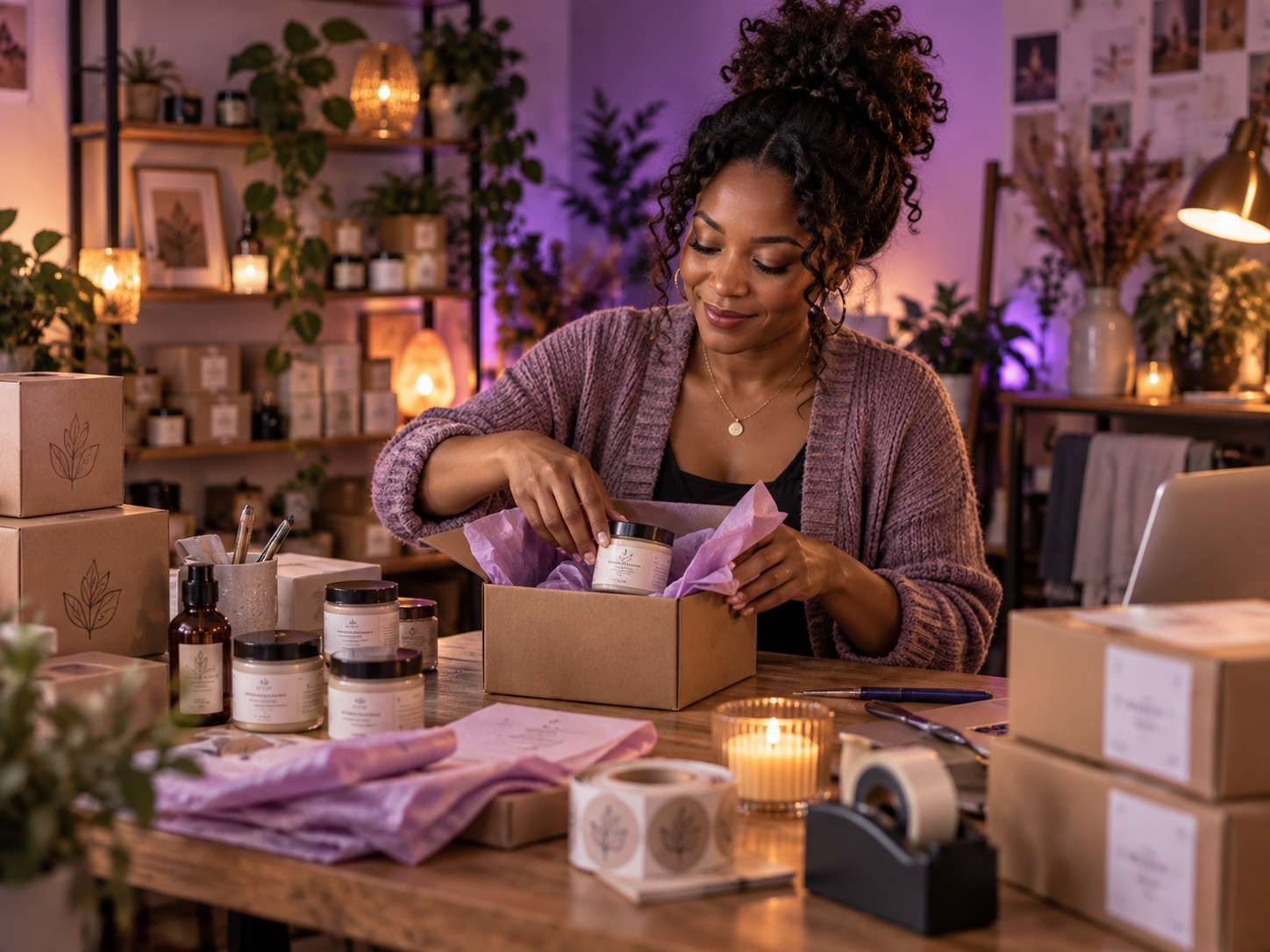 Small business owner packing customer orders