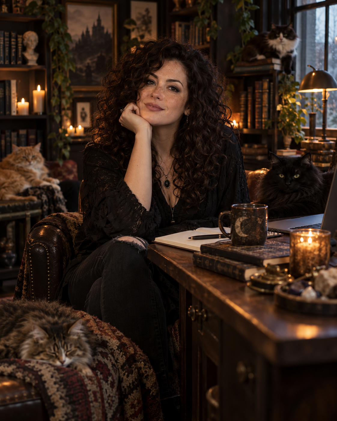 Frye Daniels seated in a book-filled room with several cats