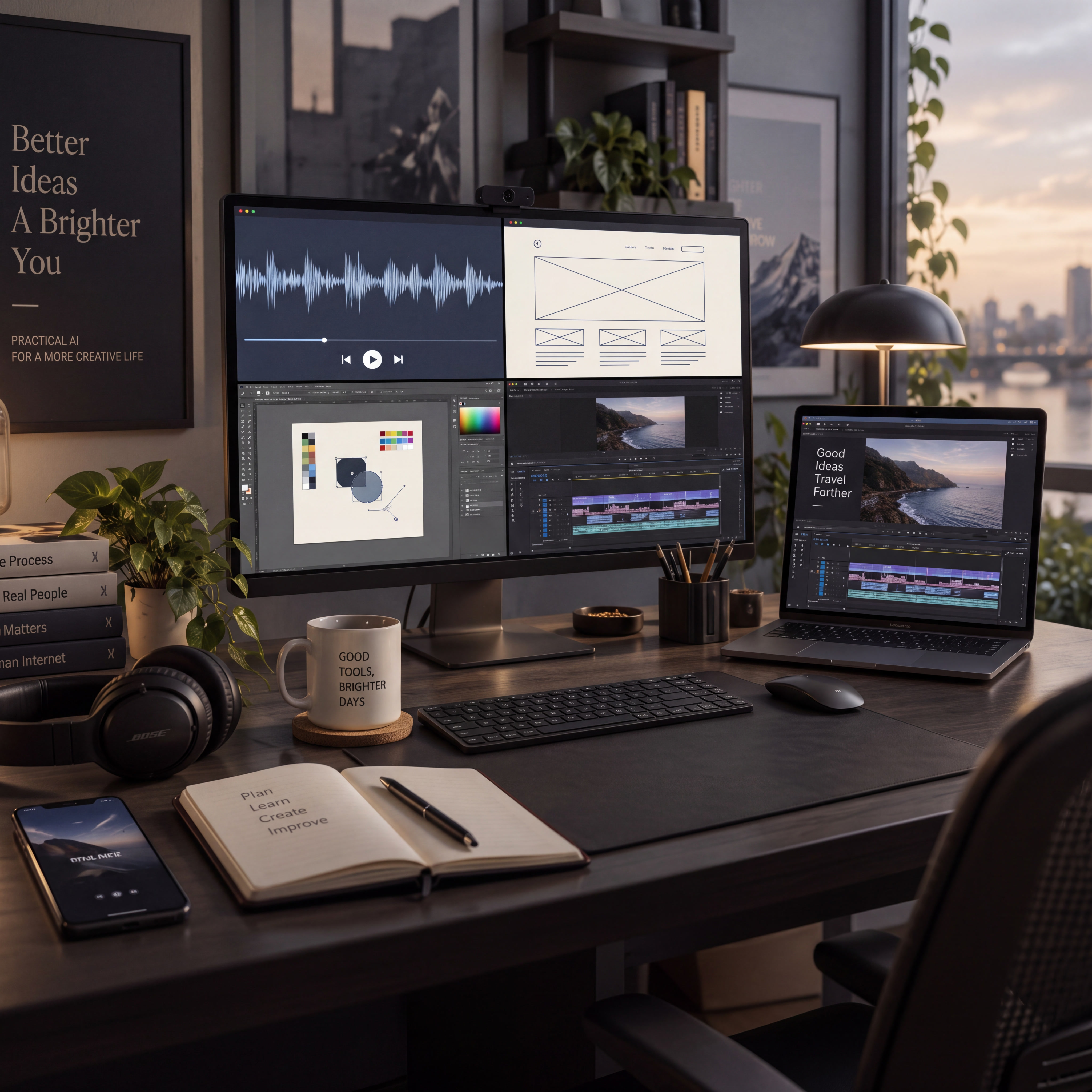 Creative workspace showing a monitor, laptop, and tools for different kinds of AI work