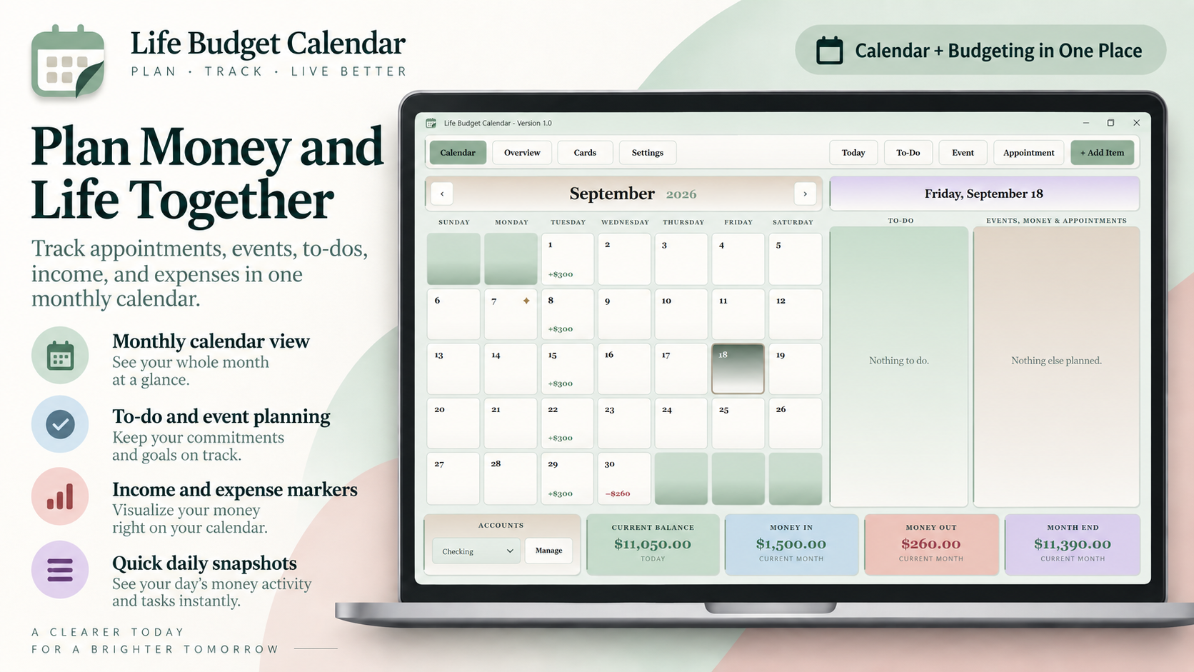 Life Budget Calendar shown on a laptop with calendar, budgeting and planning features