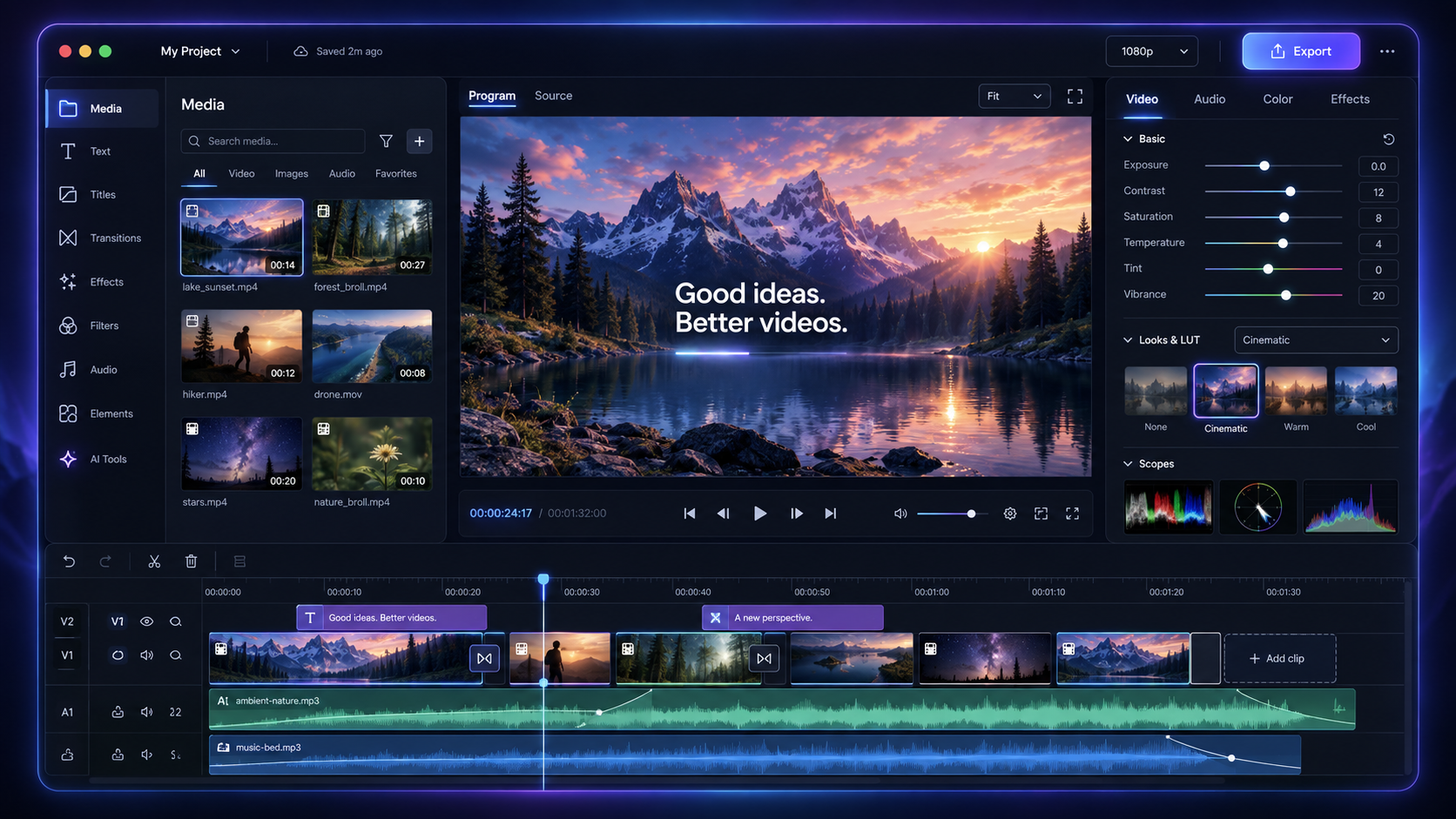 Professional video editing interface with media bins, preview monitor, color controls, scopes, layered video timeline, and audio waveforms